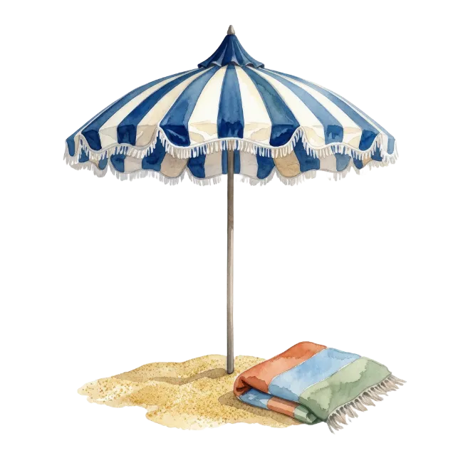 Watercolor Beach Umbrella with Sand and Towel