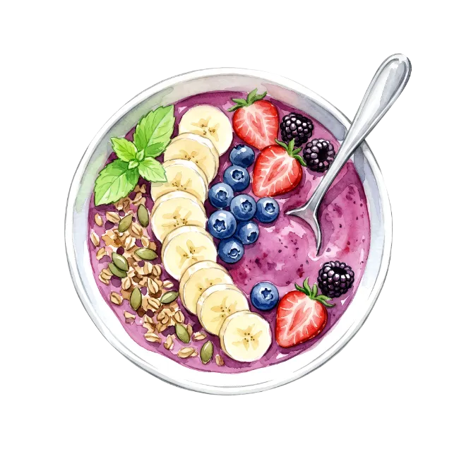 Watercolor Berry Smoothie Bowl with Fruits and Spoon