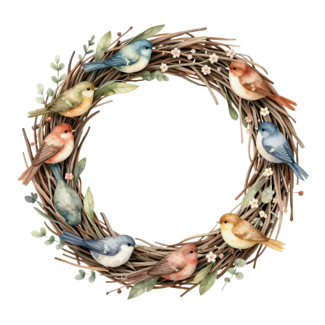 Watercolor Bird Wreath with Twigs and Flowers