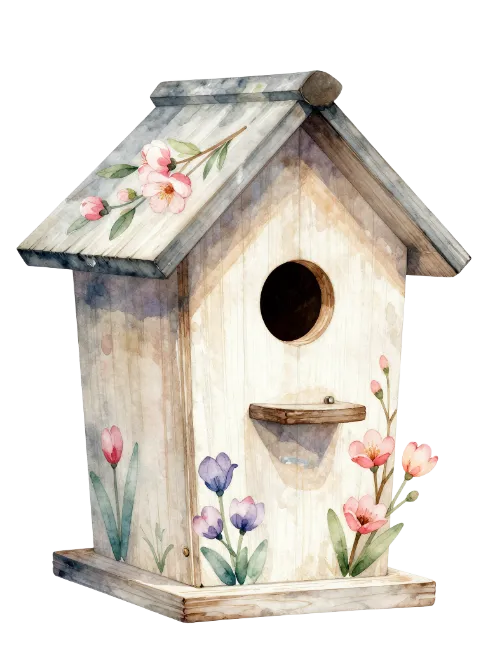Watercolor Birdhouse Decorated With Flowers