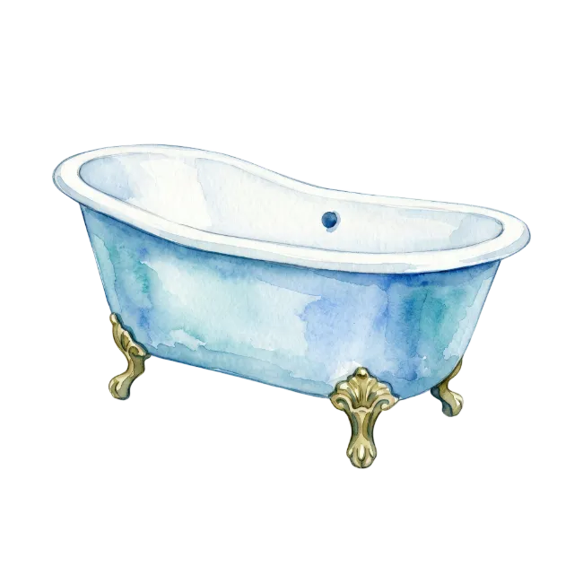 Watercolor Blue Bathtub with Gold Feet