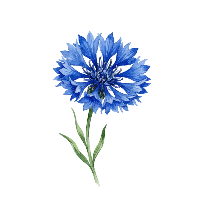 Watercolor Blue Cornflower Flower Stem