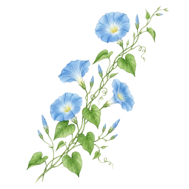 Watercolor blue morning glory flowers vine