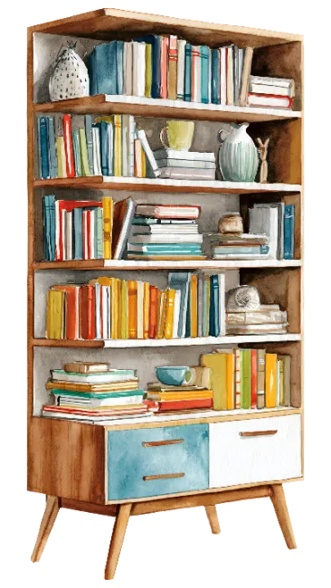 Watercolor Bookcase with Books and Decor