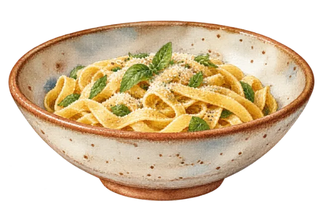 Watercolor Bowl of Fettuccine Pasta with Basil