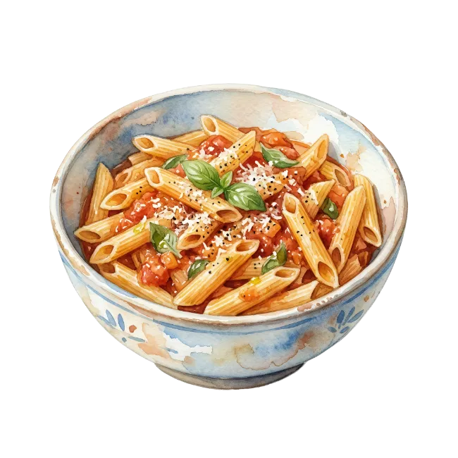 Watercolor Bowl of Penne Pasta with Tomato Sauce
