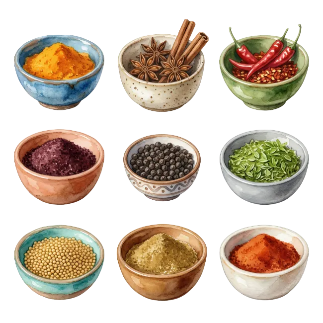 Watercolor Bowls of Spices and Herbs