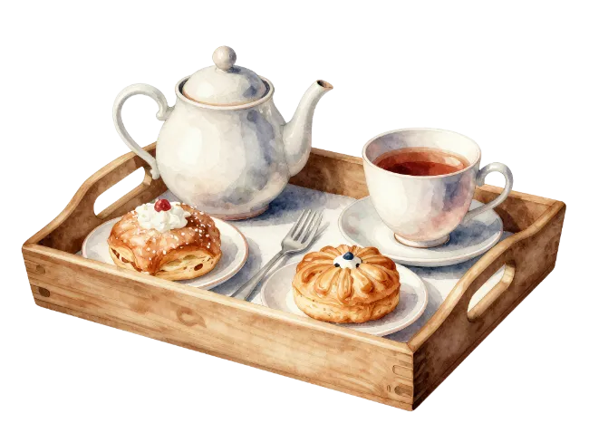 Watercolor Breakfast Tray with Tea and Pastries