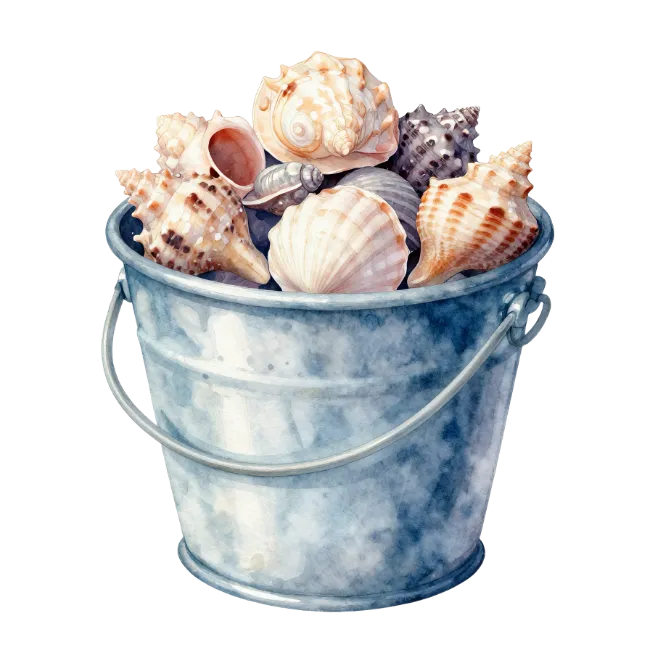 Watercolor Bucket Filled With Seashells