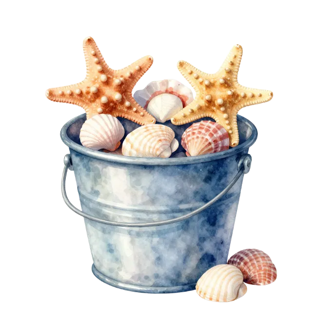 Watercolor Bucket Filled With Seashells And Starfish