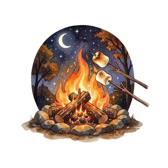Watercolor campfire with marshmallows roasting at night