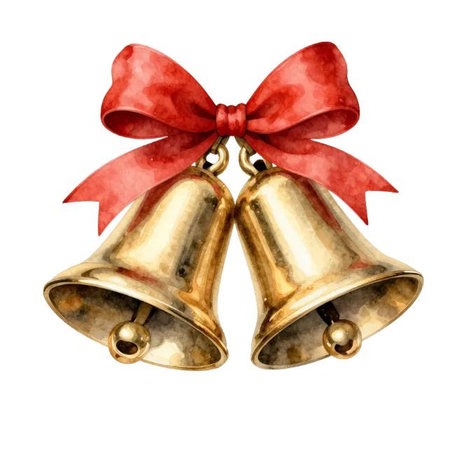Watercolor Christmas Bells with Red Ribbon