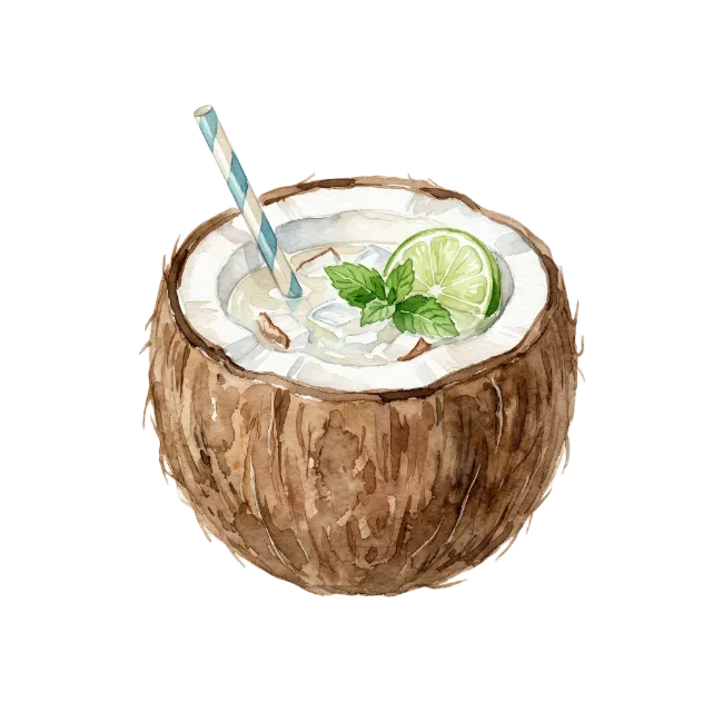 Watercolor Coconut Cocktail with Lime and Straw