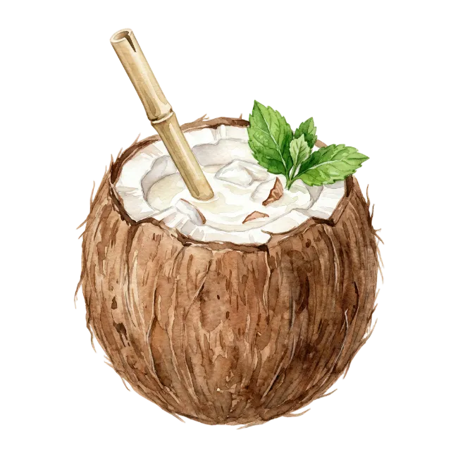 Watercolor Coconut Drink with Bamboo Straw