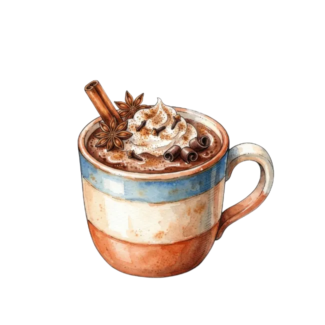 Watercolor coffee mug with whipped cream and spices
