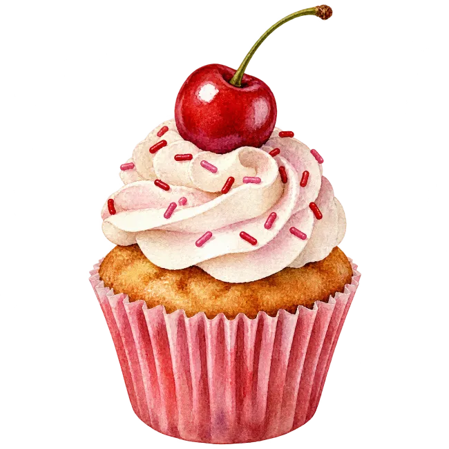 Watercolor Cupcake with Cherry
