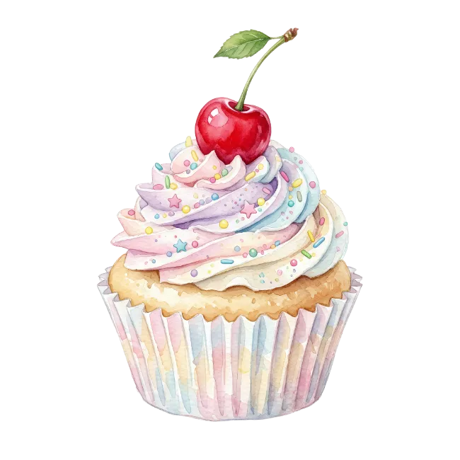 Watercolor Cupcake with Cherry and Sprinkles