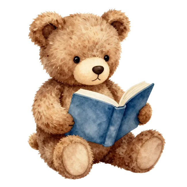 Watercolor Cute Teddy Bear Reading a Book
