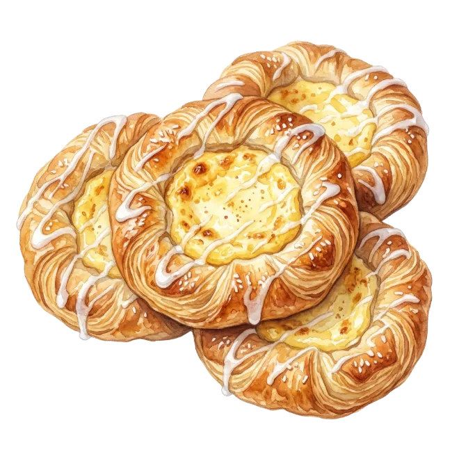 Watercolor Danish Pastries With Cream And Glaze