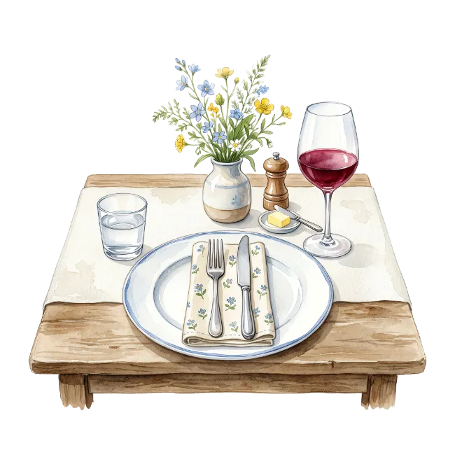 Watercolor dinner table setting with flowers and wine