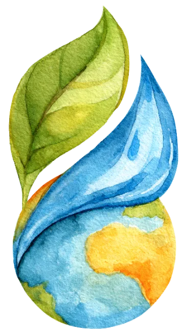 Watercolor Earth Globe with Leaves and Water Drop