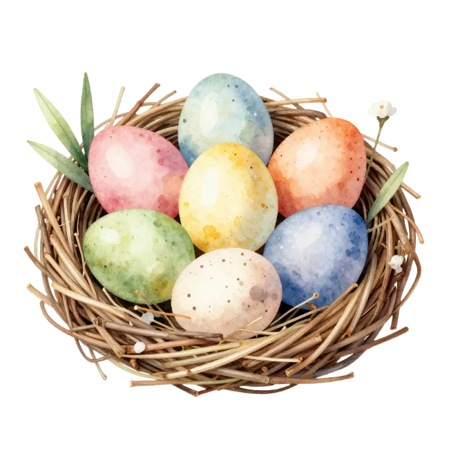 Watercolor Easter eggs in a nest
