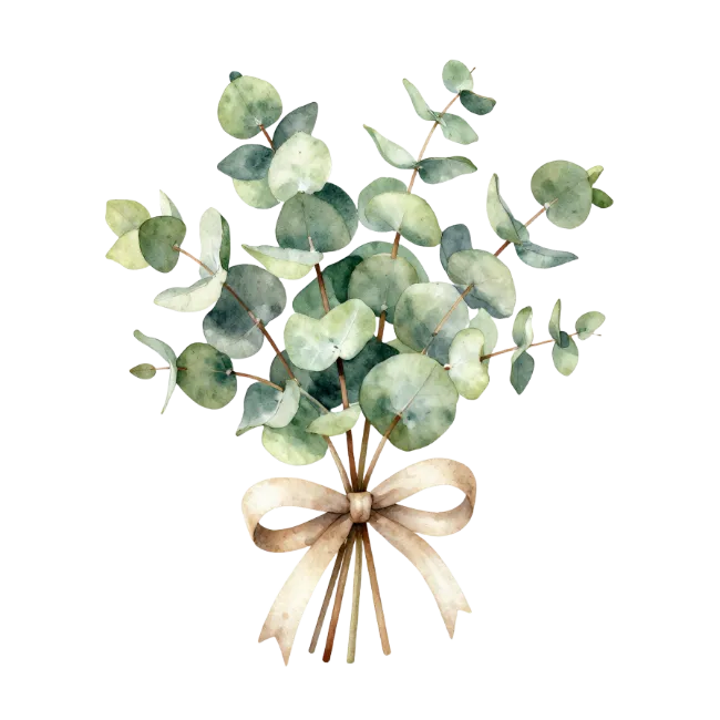 Watercolor Eucalyptus Leaves Bouquet with Ribbon