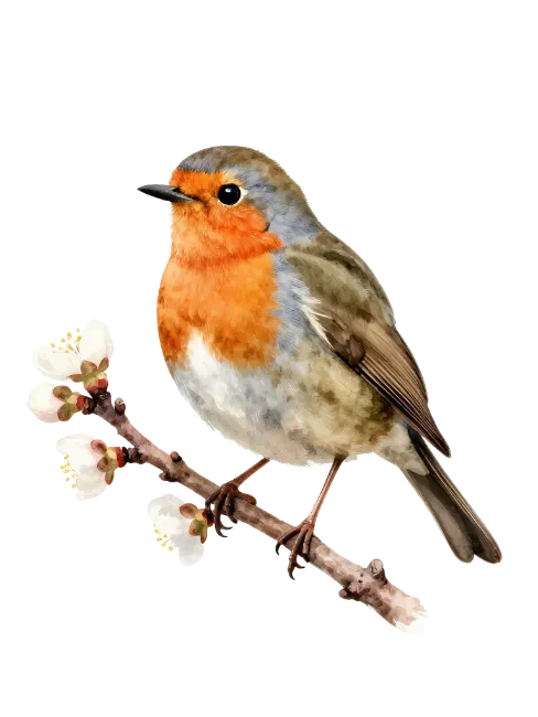 Watercolor European Robin Bird Perched on Branch