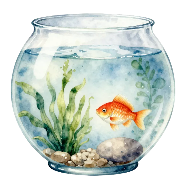 Watercolor Fishbowl with Goldfish and Plants