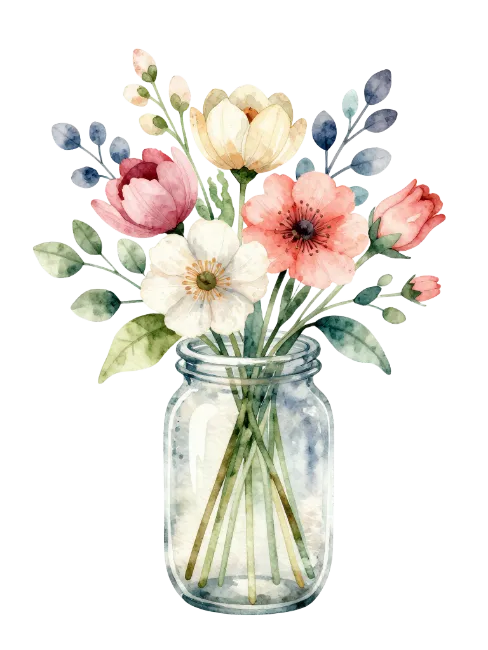 Watercolor Floral Arrangement in Glass Mason Jar