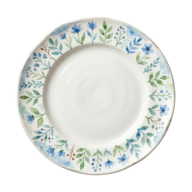 Watercolor floral ceramic plate with blue flowers and green leaves