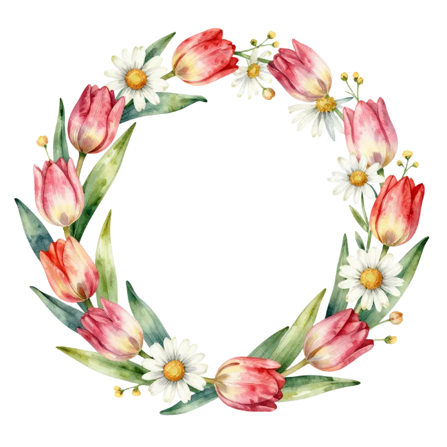 Watercolor Floral Wreath with Tulips and Daisies
