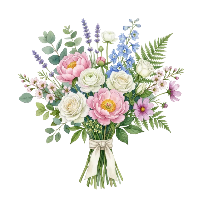 Watercolor Flower Bouquet with Roses and Peonies