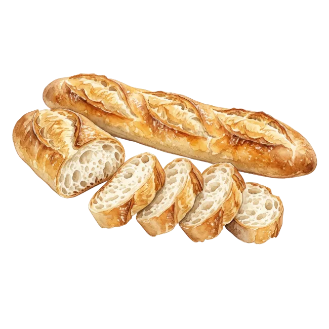 Watercolor French Baguette Bread Loaf and Slices
