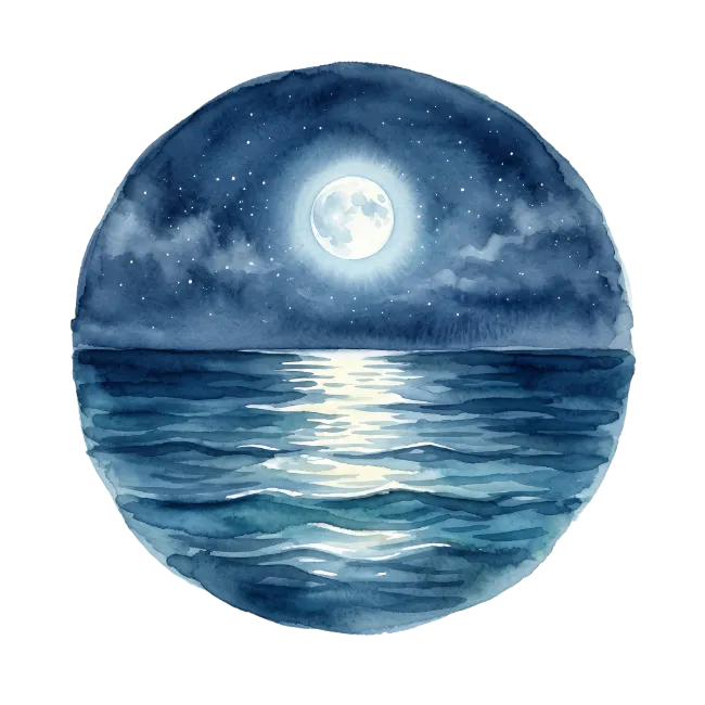 Watercolor Full Moon Over Ocean Waves