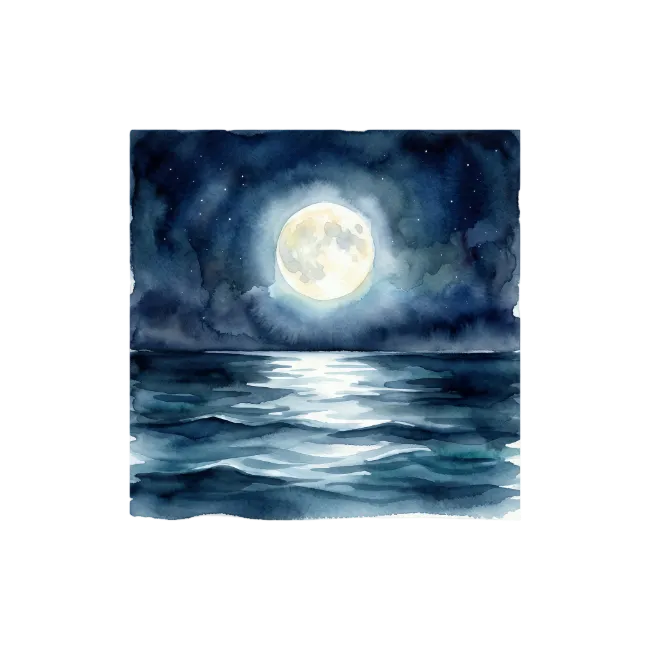 Watercolor full moon shining over dark ocean waves