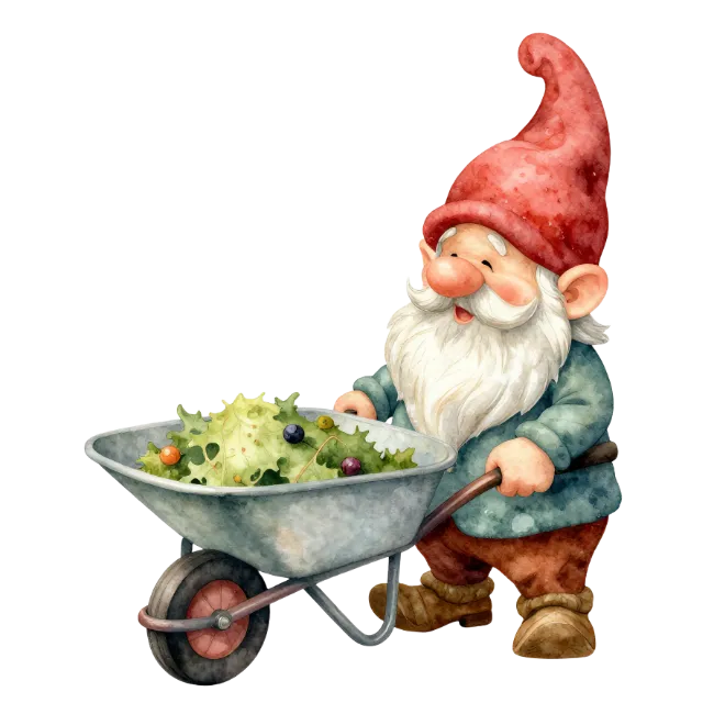 Watercolor Garden Gnome with Wheelbarrow