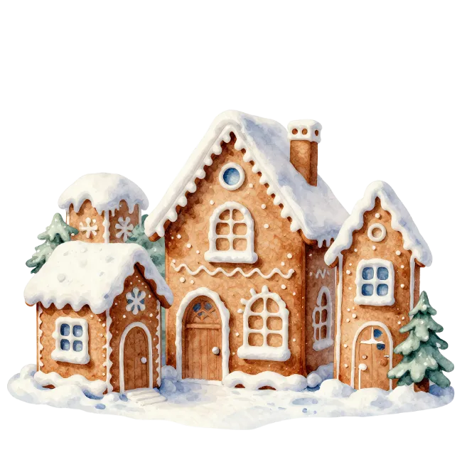 Watercolor gingerbread houses covered in snow