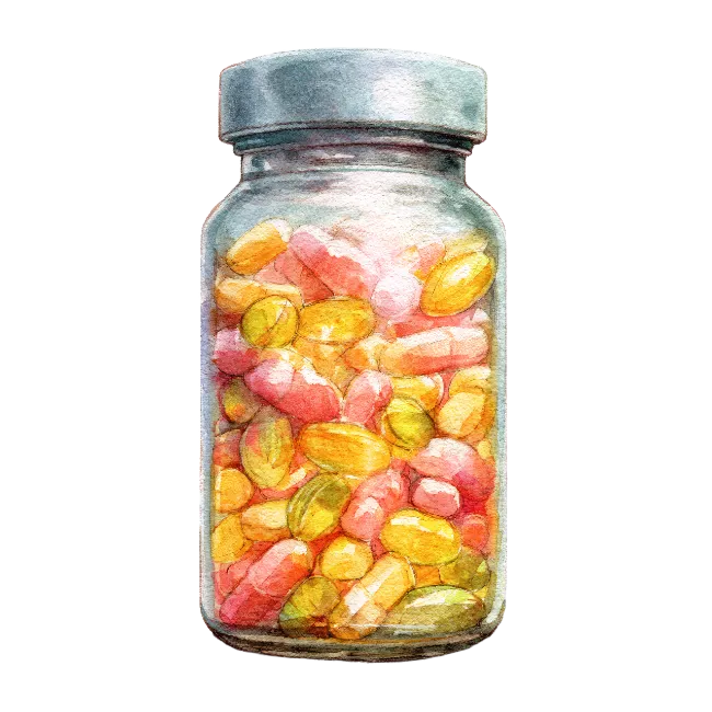 Watercolor Glass Bottle Filled With Colorful Pills