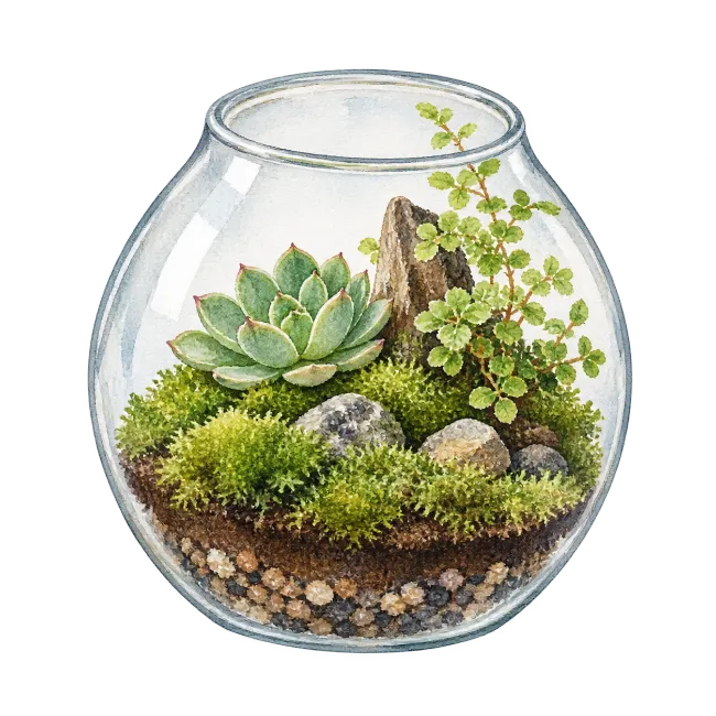 Watercolor Glass Terrarium with Succulents and Moss