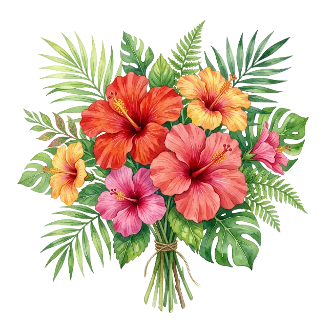 Watercolor Hibiscus and Tropical Leaves Bouquet