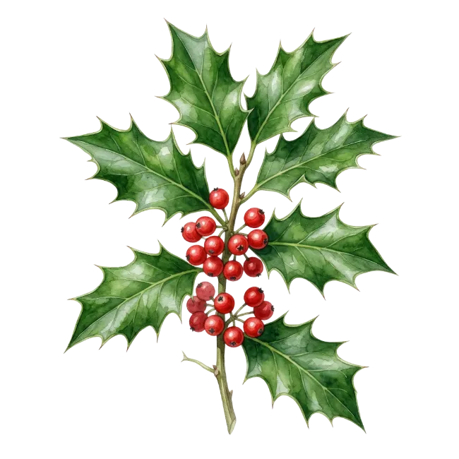 Watercolor Holly Branch with Red Berries