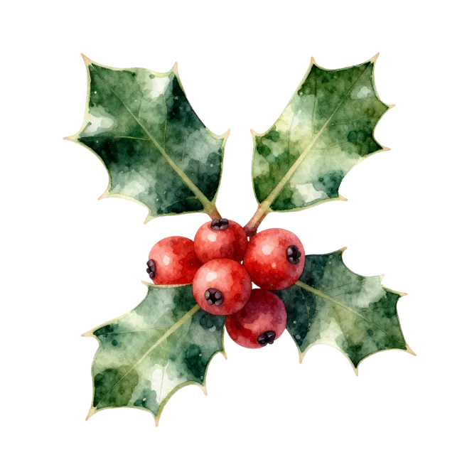Watercolor Holly Leaves and Berries