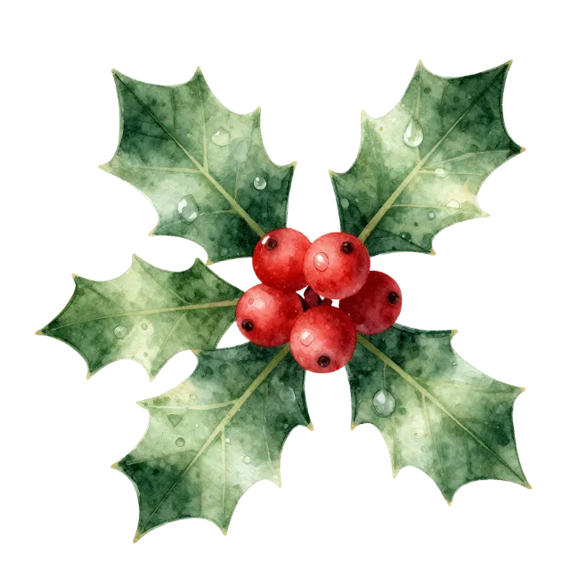 Watercolor Holly Leaves With Red Berries