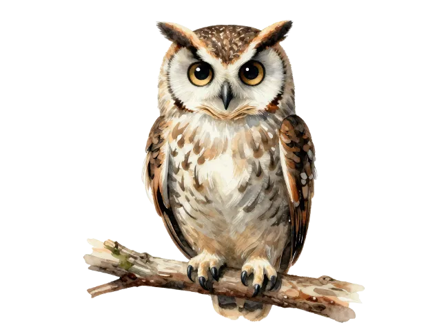 Watercolor Horned Owl on Branch Illustration