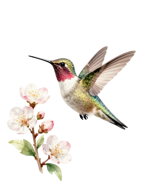 Watercolor Hummingbird with Cherry Blossoms
