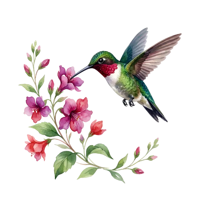Watercolor hummingbird with pink flowers
