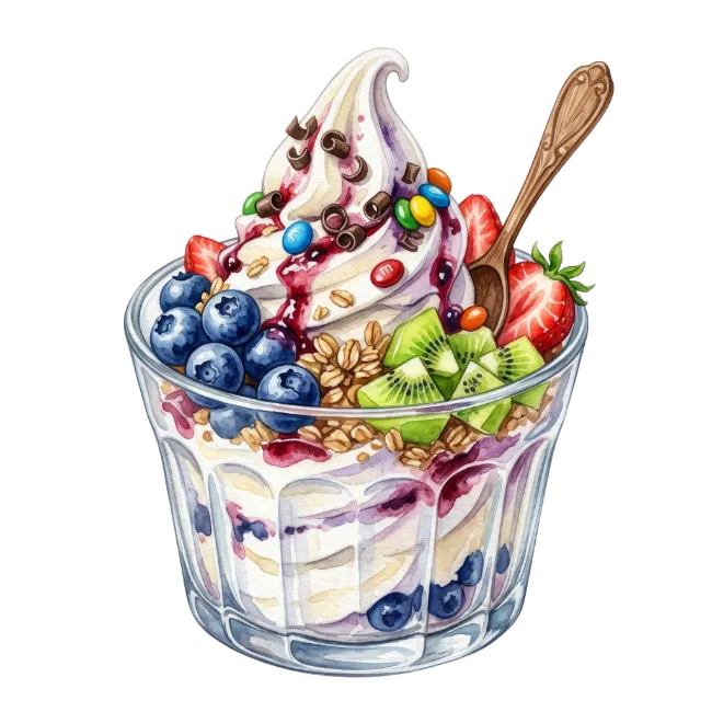 Watercolor Ice Cream Sundae with Fruits and Granola