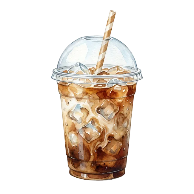 Watercolor iced coffee in plastic cup with straw