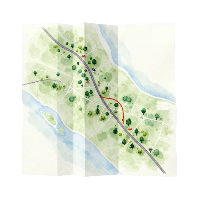 Watercolor Illustrated Map with Roads and River